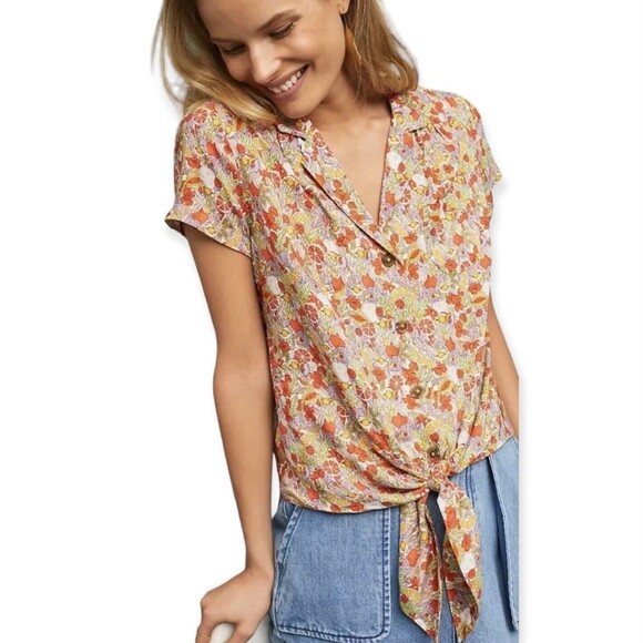 ANTHROPOLOGIE MAEVE Women’s Size 0 Button Down Shirt Citrus Floral Tie Front Bow - Picture 3 of 13